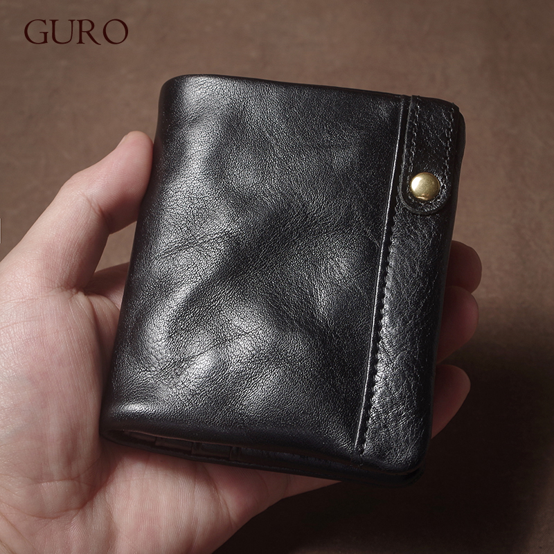 GURO Retro-Geldbörse aus echtem Leder, kurze Geldbörse für Herren und Damen, Bifold-Geldklammer, Kreditkartenetui mit Reißverschluss, Münzfach, kleine Geldbörse