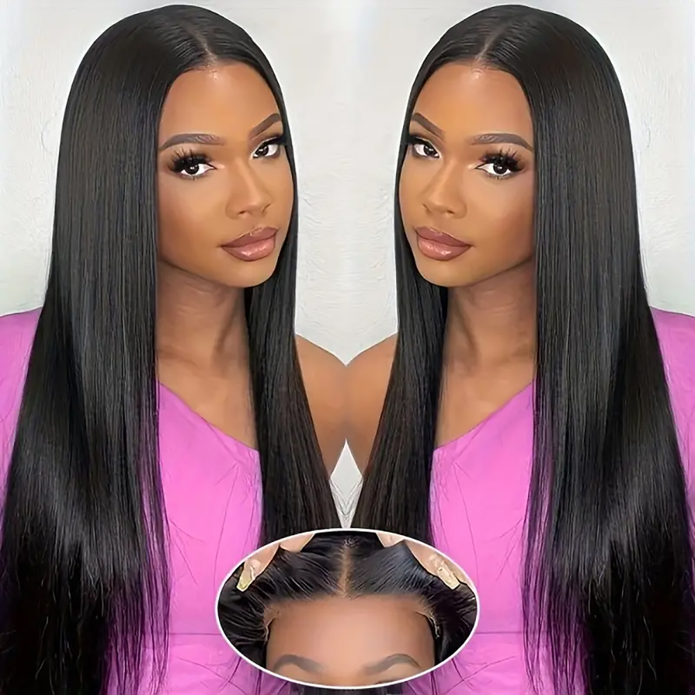 Straight Drawstring Glueless Wigs Human Hair 4x4 Lace Pull Go Glueless Wig 12A Pre Cut Pre Bleached Lace Fit For All Head Sizes