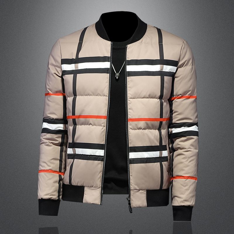 Gola de beisebol masculina inverno casual pato branco para baixo jaqueta xadrez espessada gola alta topo