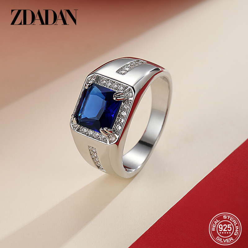 ZDADAN Cincin Dapat Disesuaikan Kristal Biru Hijau Perak Murni 925 untuk Hadiah Perhiasan Pesta Mode Pria Wanita