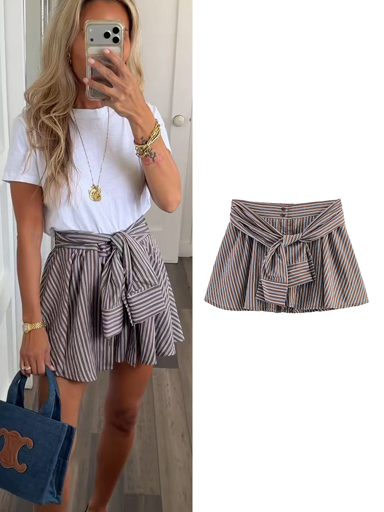 TFMLN Summer Women Bow Decoration Shorts  Elastic Waist Zipper Loose Striped Shorts Ladies Causal Wear 2026 New Streetwear