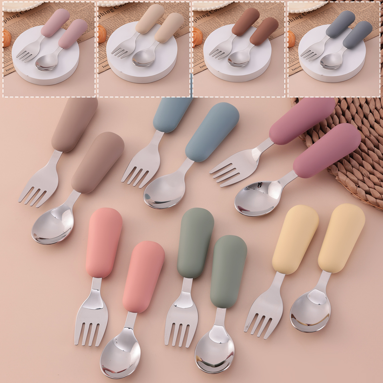 Color niños 2 uds tenedor cuchara de acero inoxidable juego de alimentación de bebé utensilio ecológico para niños pequeños sin BPA vajilla para niños cosas para bebés
