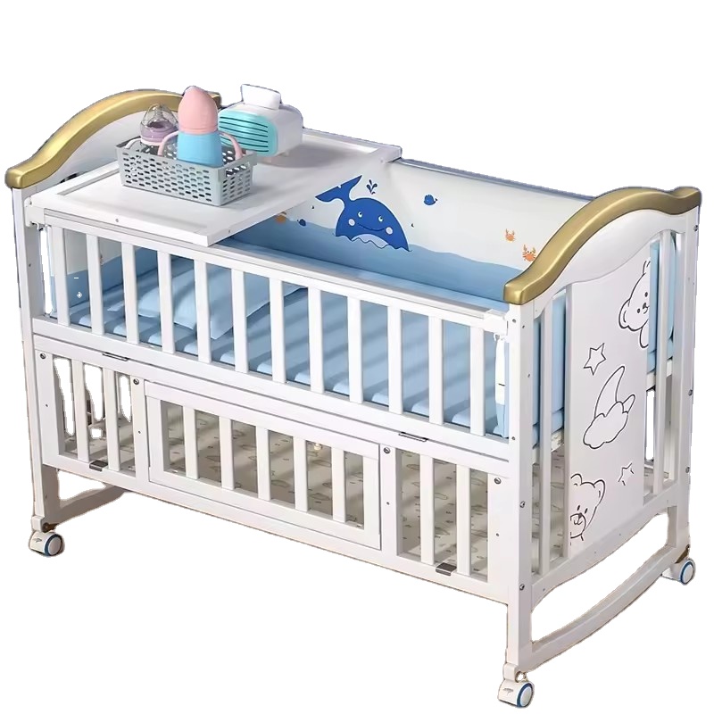 Wooden Baby Cot with Swing and Storage Multifunctional Convertible Adjustable Height Safe Toddler Bed CE Certified Infant Sleep