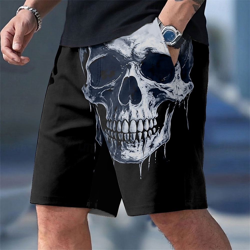 Pantalones Cortos Góticos de Calavera para Hombre, Estilo Oscuro, Cintura Media con Cordón, Bolsillos Laterales, Uso Diario al Aire Libre para Primavera y Verano