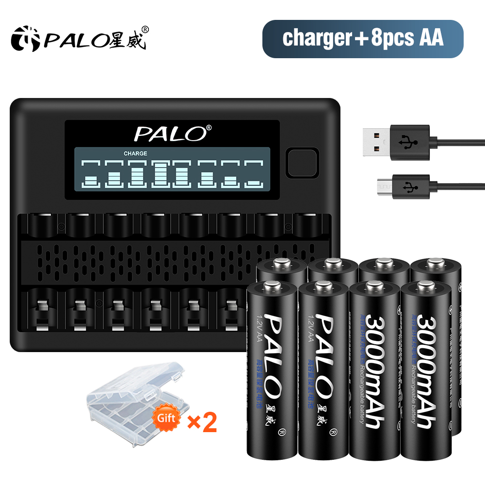 Baterai Isi Ulang PALO 1.2V AA Ni-MH dengan Baterai NIMH AA 3000mAh Pengisi Daya Cepat USB untuk 1.2V 2A untuk Senter Mouse Mainan