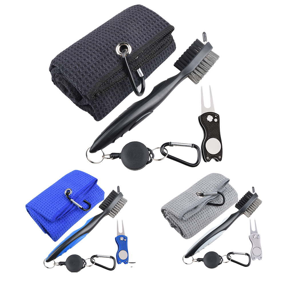 Golf Club Brush and Microfiber Towel Cleaning Kit Double-Sided Groove Cleaning Brush WithLawn Repair Fork Golf Cleaning Accessor