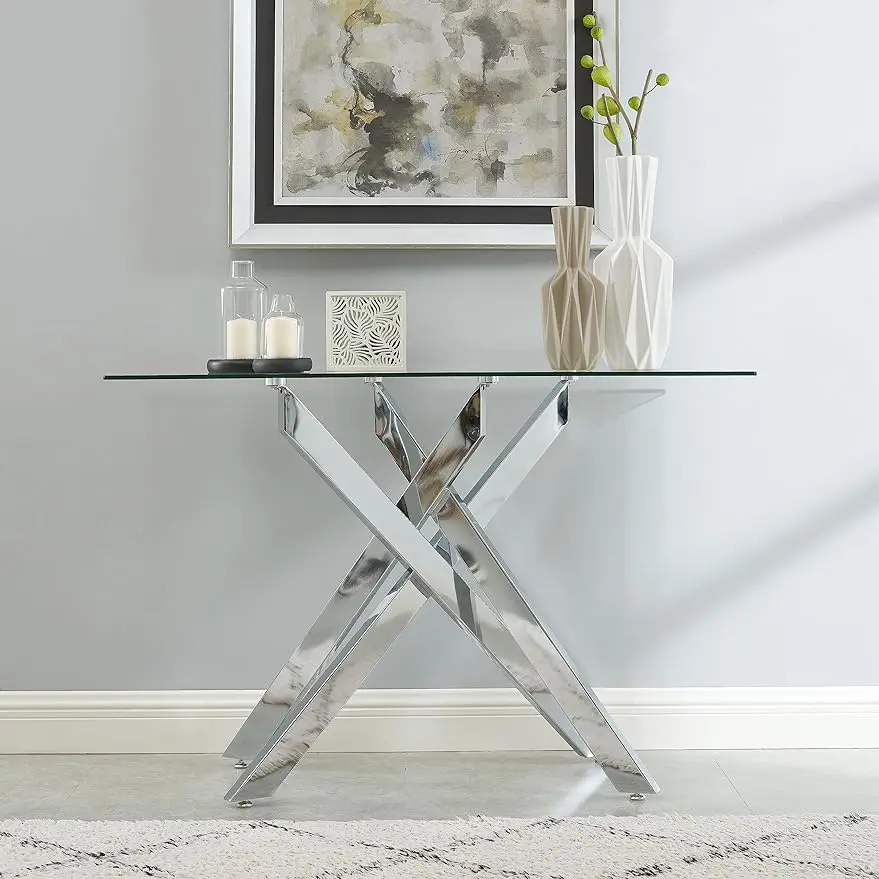 Mesa consola de estilo moderno, mesa de sofá estrecha con tapa de vidrio templado y patas tubulares de metal, 45" Lx18 Lx30 H, Plata
