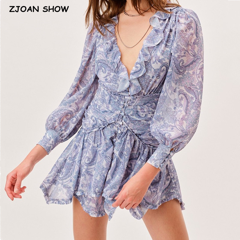 Gaun Mini Chiffon Motif Bunga Biru Wanita dengan Kerut Kayu, Kerah V, Kancing Terbuka, Pinggang Rempel, Lengan Panjang, Gaun Liburan