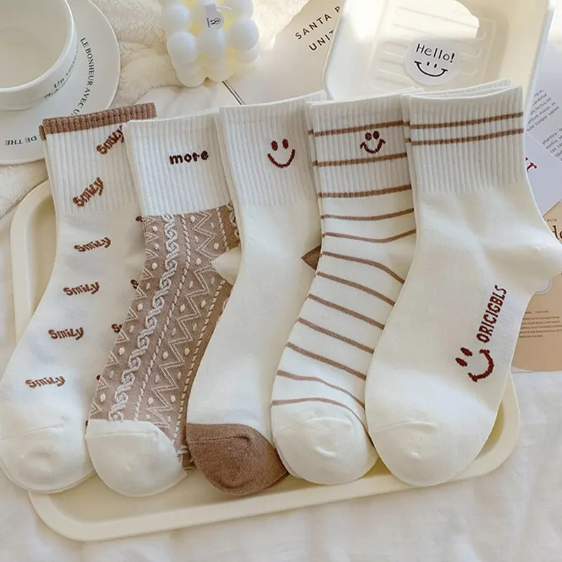 5 paires de chaussettes imprimées mi-tube pour femmes, confortables et douces, col rond, chaussettes de sport