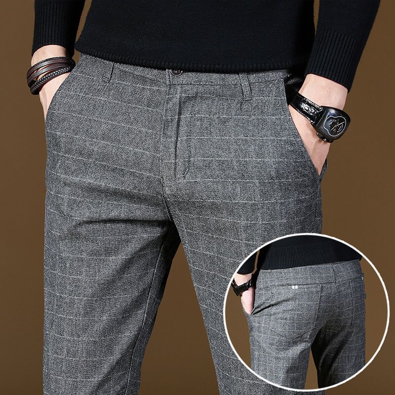 Calças de terno masculino cinza xadrez verificação em linha reta barato roupas premium calças de verão masculino fino casual clássico calças vestir-se