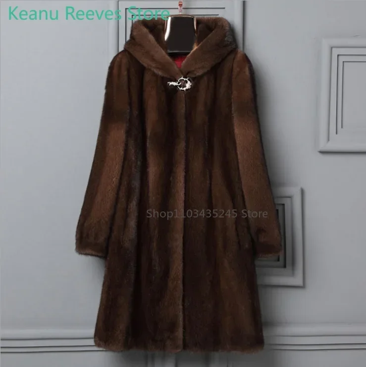 Abrigo de piel de visón para mujer, Parkas gruesas 6XL, abrigo de invierno con capucha de visón para madre de mediana edad, abrigos largos cálidos de piel sintética a la moda para mujer
