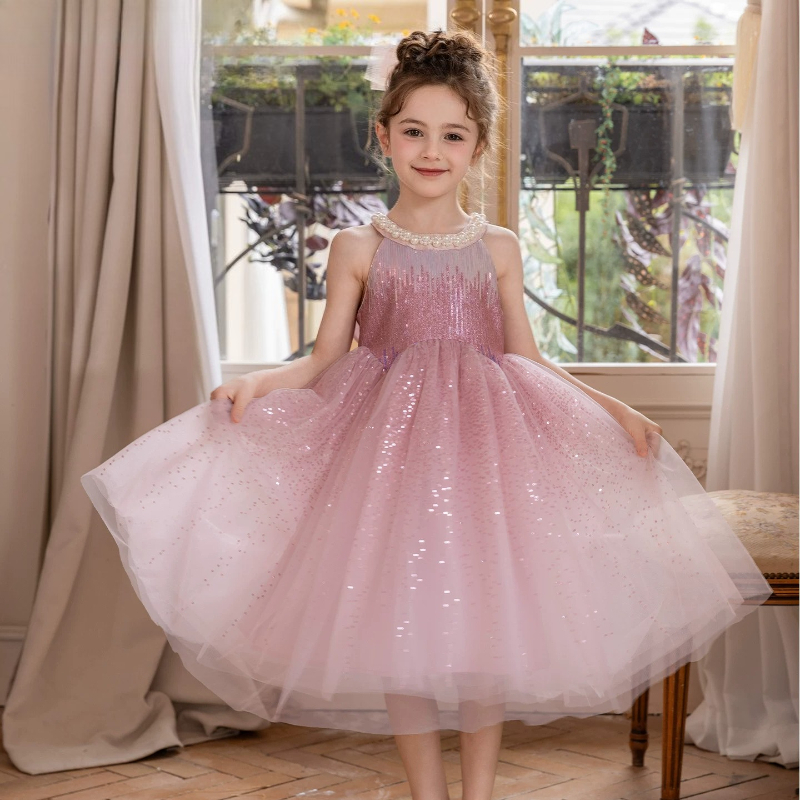 2026 Mädchenkleid Neu Kinder Geburtstag Sommer Rosa Tüll Formelles Festkleid Party Mode Ärmelloses Prinzessinnenkleid