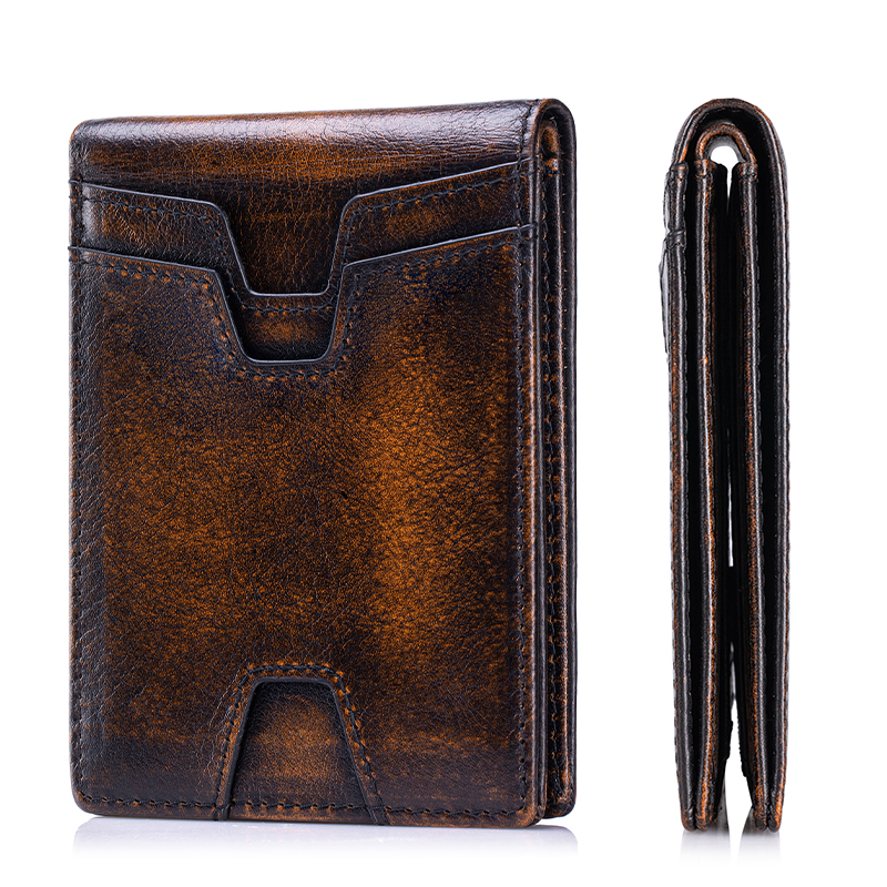 Carteira de bolso frontal SCHLATUM para homens, fina, leve, com bloqueio RFID, couro genuíno, carteira fina bifold com 10 compartimentos para cartões