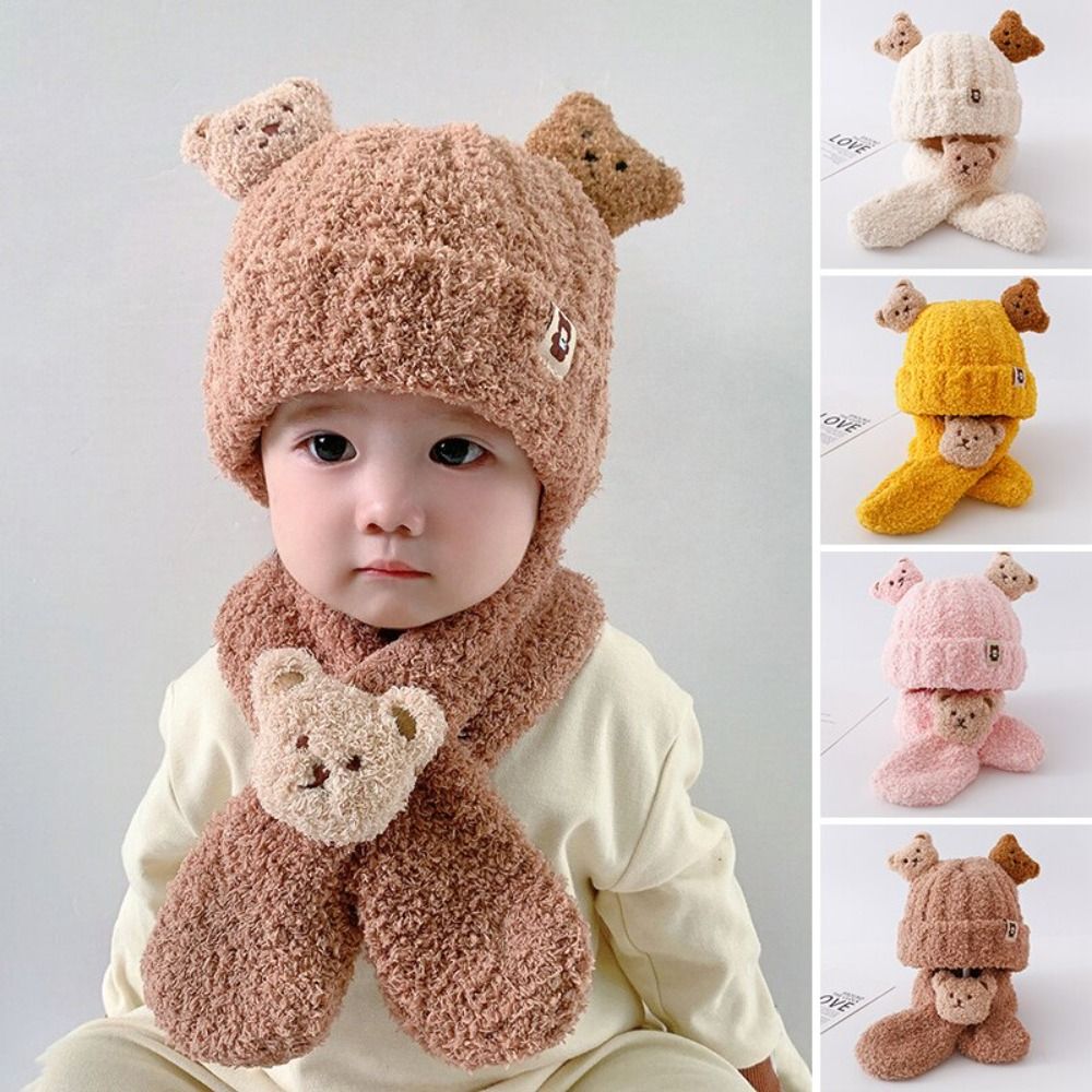 Mode Gehörschutz Baby Winter mütze Schal Set Cartoon Bär dicke Plüschs chals halten warm Säugling Mütze Baby