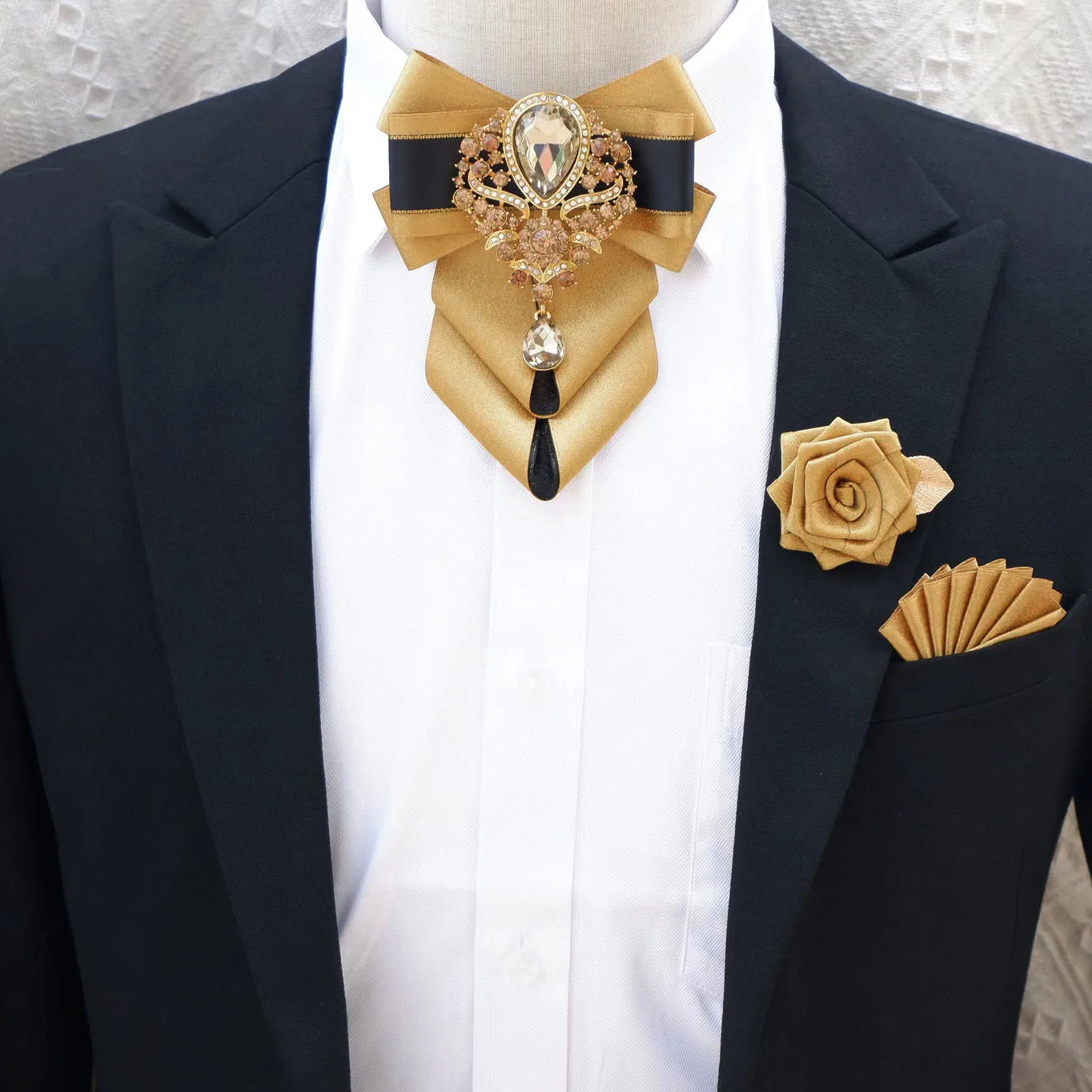 Luksusowe Rhinestone muszka broszka chusteczka do kieszeni zestaw męska wysokiej klasy biżuteria prezent moda nowy brytyjski koreański mężczyzn akcesoria ślubne