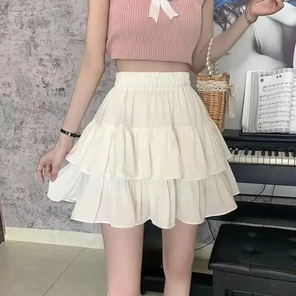 จีบ A-Line กระโปรงผู้หญิงสีขาว Ruffles หวาน Hottie Preppy สไตล์ Elastic Elastic เอว Slim บาง Simple Casual ฤดูร้อนขายส่ง