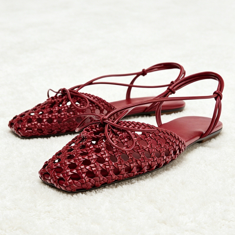 Luxuriöse Geflochtene Hohle Flache Sandalen für Damen mit Schleifendetail, Eckiger Zehenkappe, Slingback-Design, Designer-Schuhe im Street-Style, Komfortable Sommer-Damenschuhe