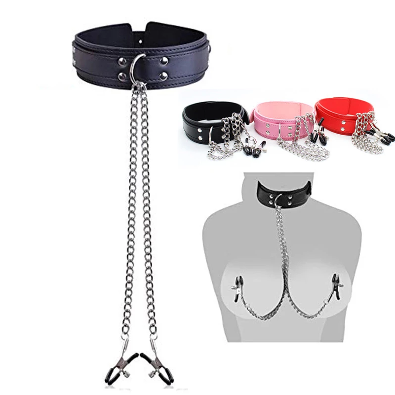 Bdsm Bondage Choker Kerah dengan Puting Penjepit Payudara Klip Rantai Fetish Budak Menggoda Permainan Dewasa Alat Erotis Mainan Seks untuk Pasangan
