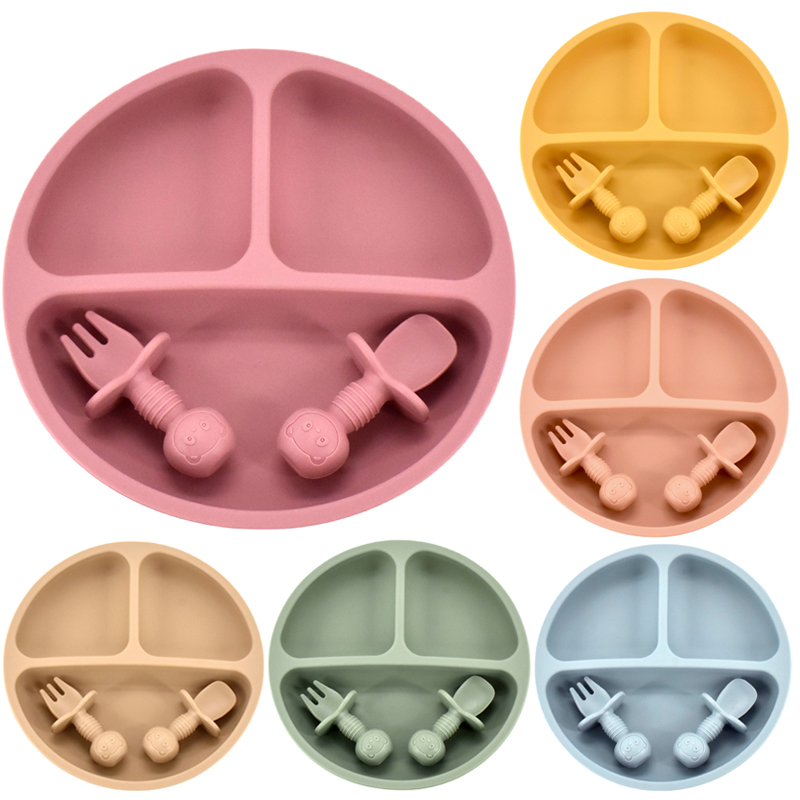 4 pçs/set bebê seguro placa de jantar silicone sólido bonito dos desenhos animados crianças pratos sorriso rosto conjunto utensílios de mesa do bebê retro crianças placa