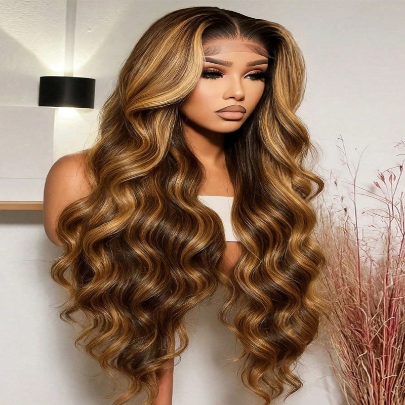 Perruque Lace Frontal Wig naturelle Body Wave à reflets HD 13x6 4/27, perruque Lace Front Wig de couleur Blonde P4/27, pre-plucked pour femmes