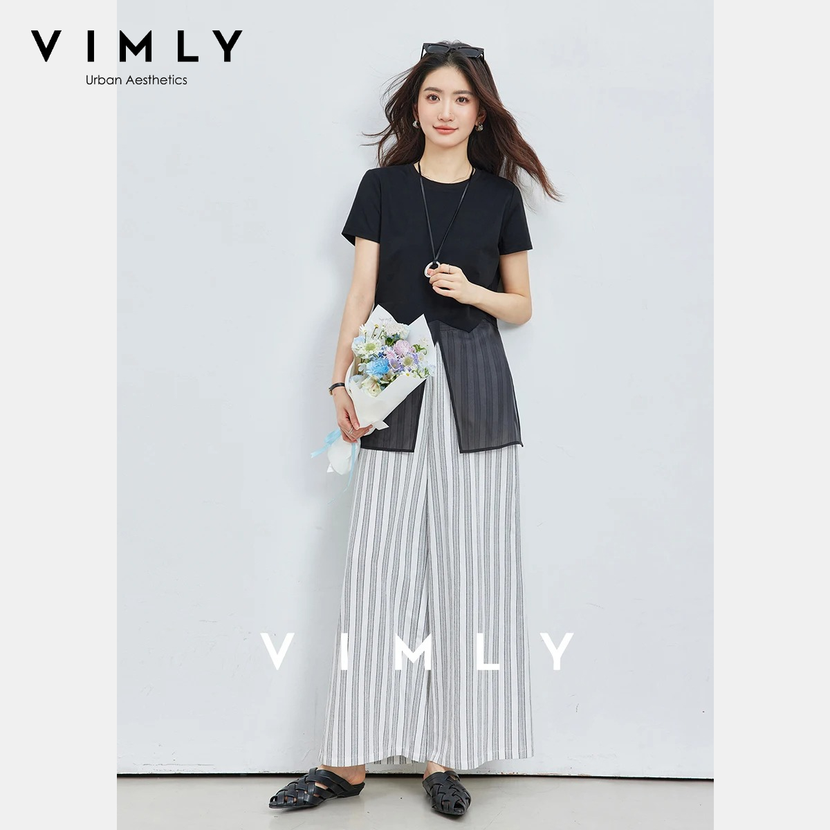 Комплект VIMLY из 2 предметов: женская футболка с асимметричным шифоновым подолом и полосатые брюки с широкими штанинами на резинке, коллекция Лето 2026, модель A6197