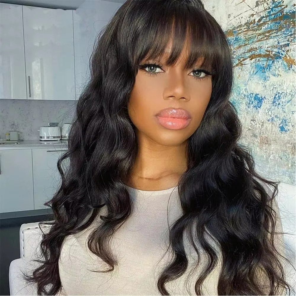Peluca de cabello humano sin pegamento 3x1 de 30 pulgadas, hecha a máquina, con flequillo, de alta densidad, en oferta, con ondas sueltas, para mujeres negras.