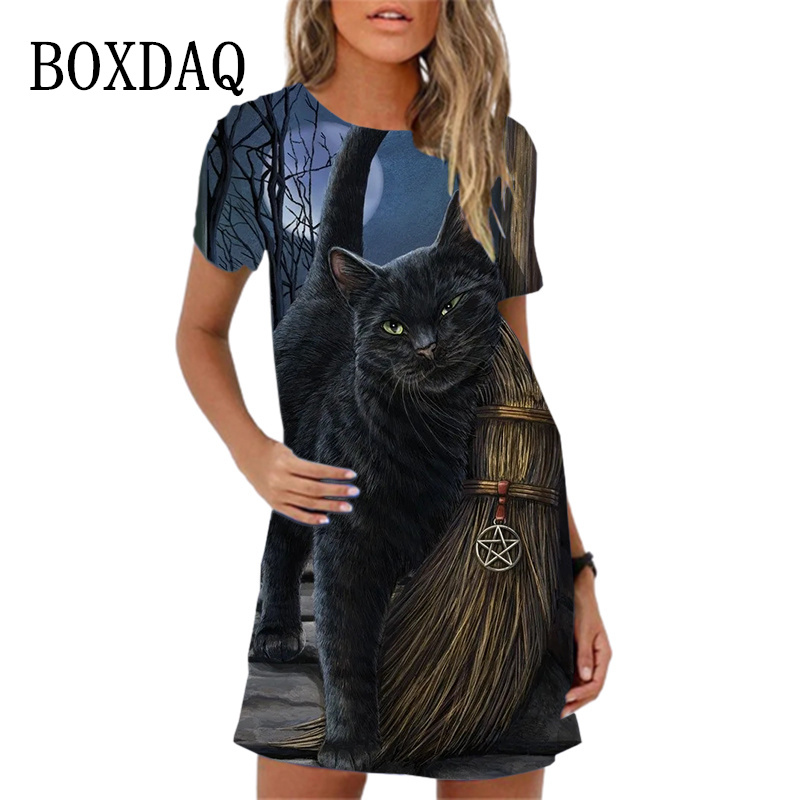 Vestido de verano de manga corta con estampado de gato de dibujos animados para mujer, traje holgado informal de estilo gótico, para fiesta de Halloween, 2023