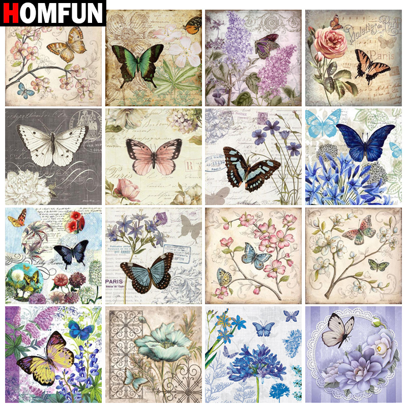 HOMFUN Diy pintura de diamante 5d "paisaje de mariposa y flor", punto de cruz, bordado de diamantes redondos y cuadrados, arte de diamantes de imitación hecho a mano