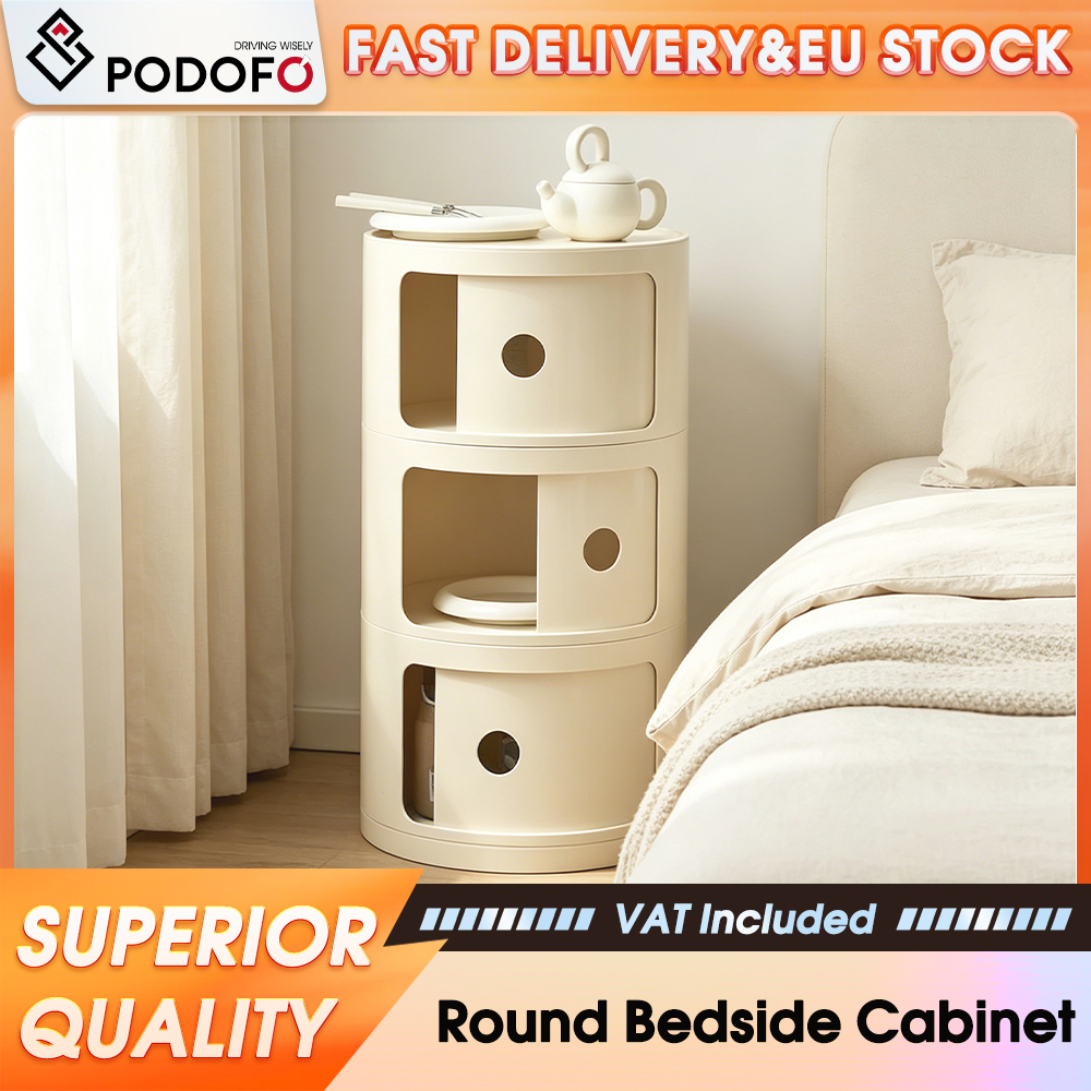 Podofo Mesita de Noche Redonda Multicapa con Cajones, Gabinete de Almacenamiento Multifuncional Moderno para el Hogar, Organizador que Ahorra Espacio, Mesa Auxiliar Circular para Dormitorio, Sala de Estar, Cocina, Almacenamiento de Artículos Pequeños