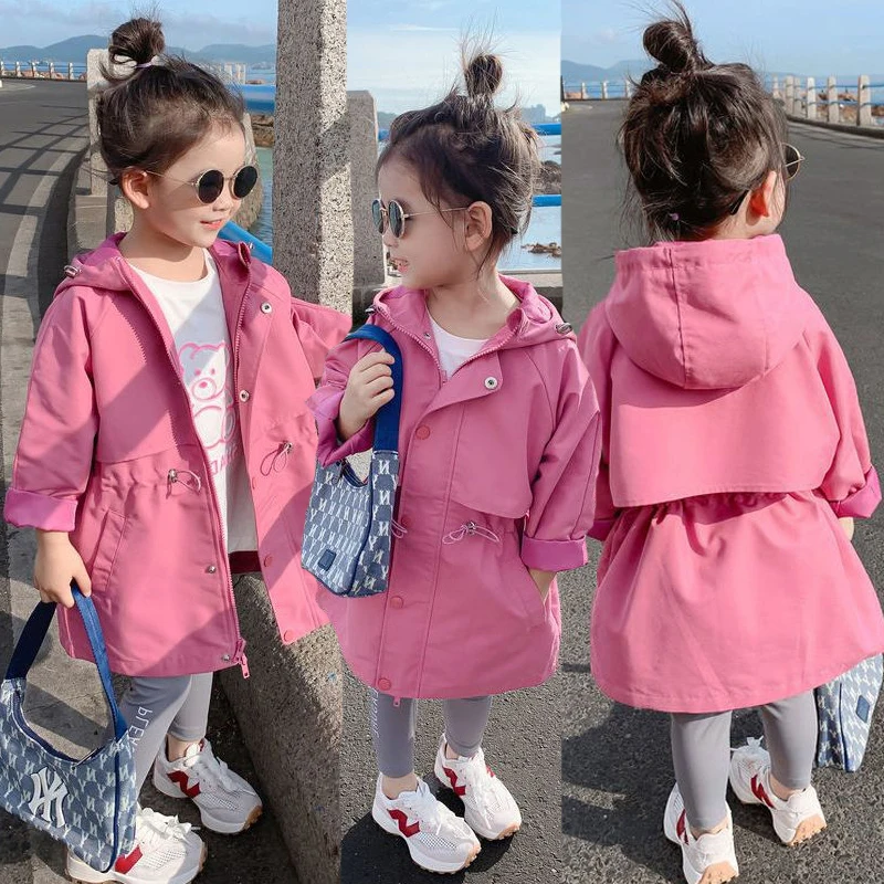 2025 Hot Selling Lente Herfst Meisjes Jas Lange Stijl Taille Intrekbare Hoodies Windjack Voor 3-12 Jaar oude Kinderen
