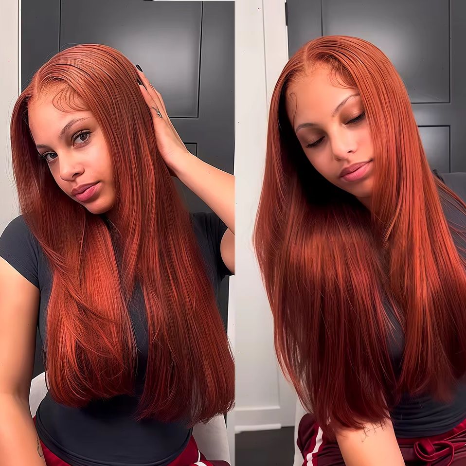 Peluca de cabello humano liso marrón rojizo con encaje frontal HD 13x4, cabello brasileño Remy pre-arrancado, peluca frontal de encaje de 30 pulgadas para mujer