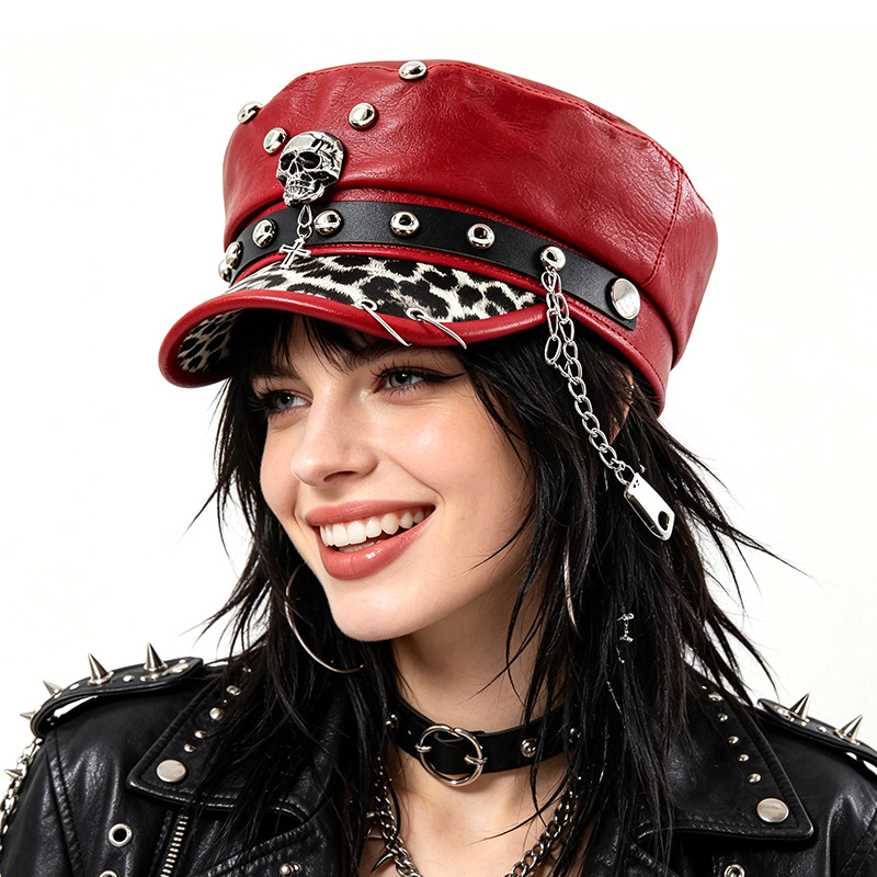 Damski modny beret Y2K, stylowy beret z PU skóry, fajna czapka punkowa z czaszką i kolcami, czapka kapitana z płaskim wierzchem, czapka wojskowa, damskie akcesoria.