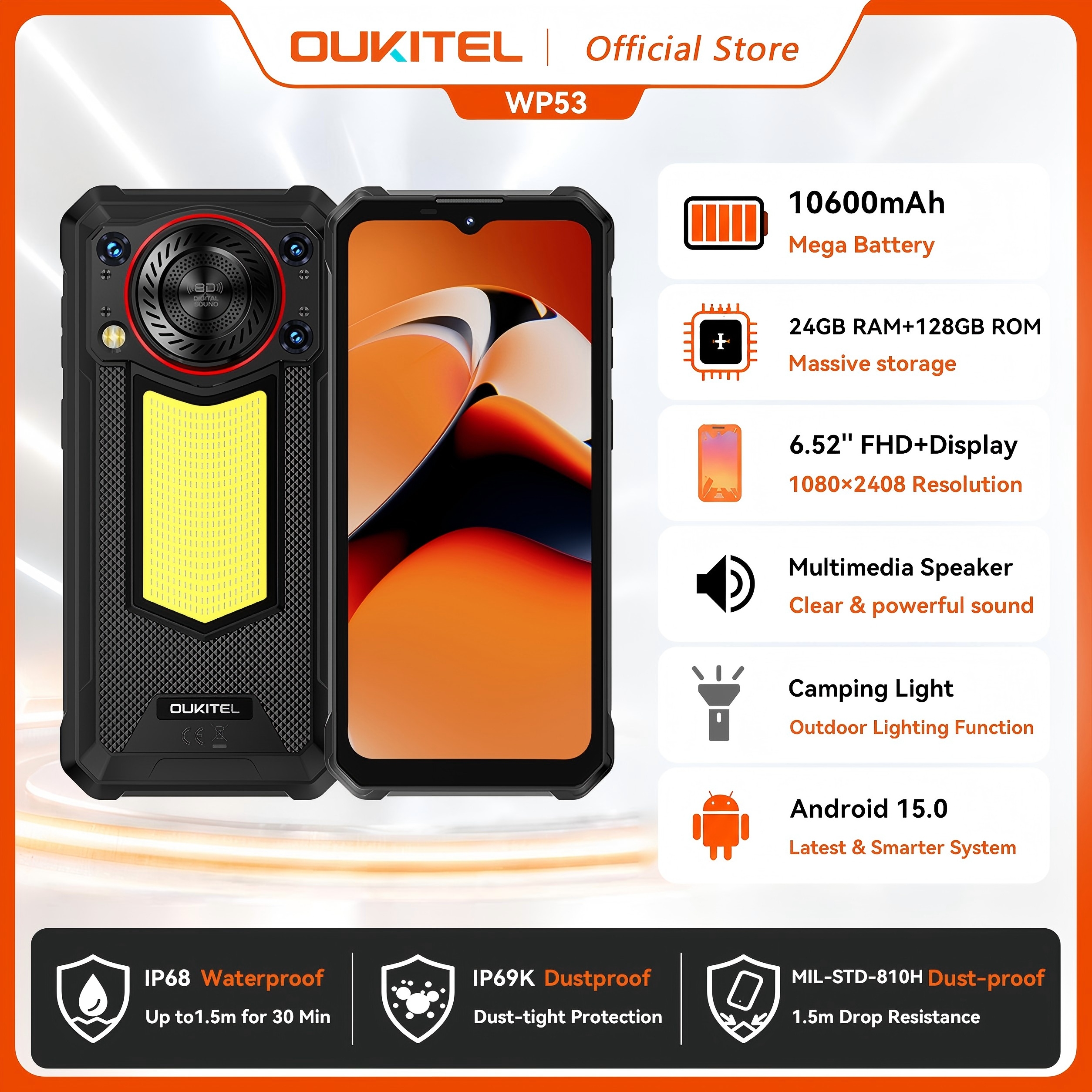 OUKITEL WP53 Защищенный смартфон 24ГБ+128ГБ 11000мАч Android 15 6.52" 128дБ динамик 13МП камера IP68 IP69K водонепроницаемый NFC кемпинг фонарь обратная зарядка