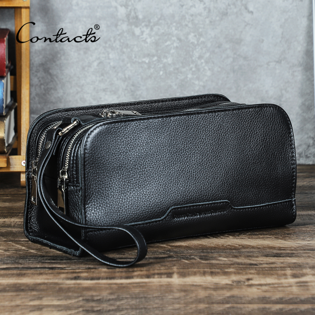 CONTACT'S – pochettes en cuir véritable pour hommes, pochettes à fermeture éclair, sacs à main avec poche pour téléphone, grands portefeuilles, sac de voyage pour hommes