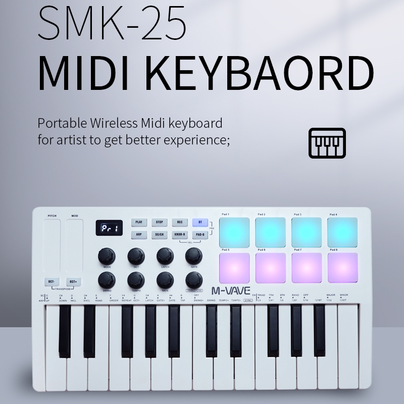M-VAVE SMK-25 USB-MIDI-Tastatur-Controller Mini 25 Tasten kabellos, mit 8 hintergrundbeleuchteten Drumpads und Musikproduktion, Software im Lieferumfang enthalten
