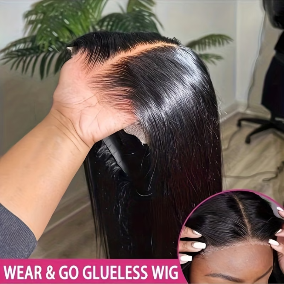 Parrucche senza colla da 38 pollici, pronte all'uso, in capelli umani, densità 250%, pre-strappate, pre-tagliate, lisce, con chiusura in pizzo 5x5, per donne, nere naturali.