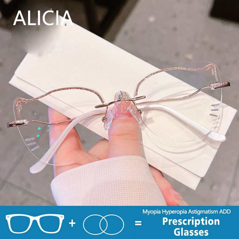 ALICIA Moda Donna Lusso Hello Cat Occhiali Senza montatura Miopia Astigmatismo progressivo Ipermetropia Montature da vista ottiche
