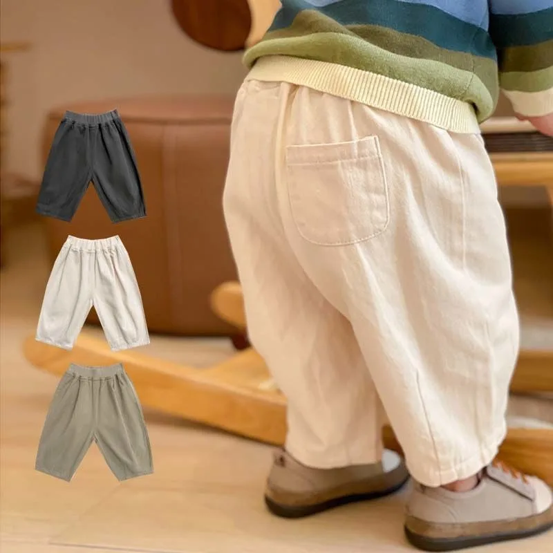 Sólido menino crianças moda calças da criança roupas de verão primavera bebê bolso tornozelo comprimento solto menina crianças calças casuais