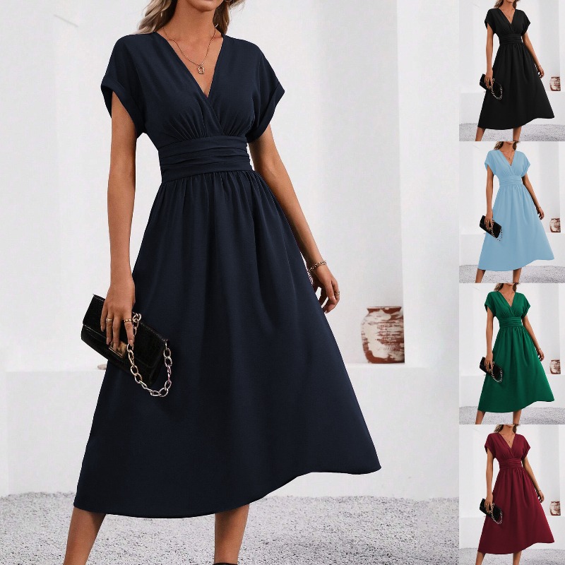 Vestidos 2025 mujer verano Color sólido cuello pico manga de murciélago plisado vestido largo elegante mujer ropa Tops faldas ropa Y2k