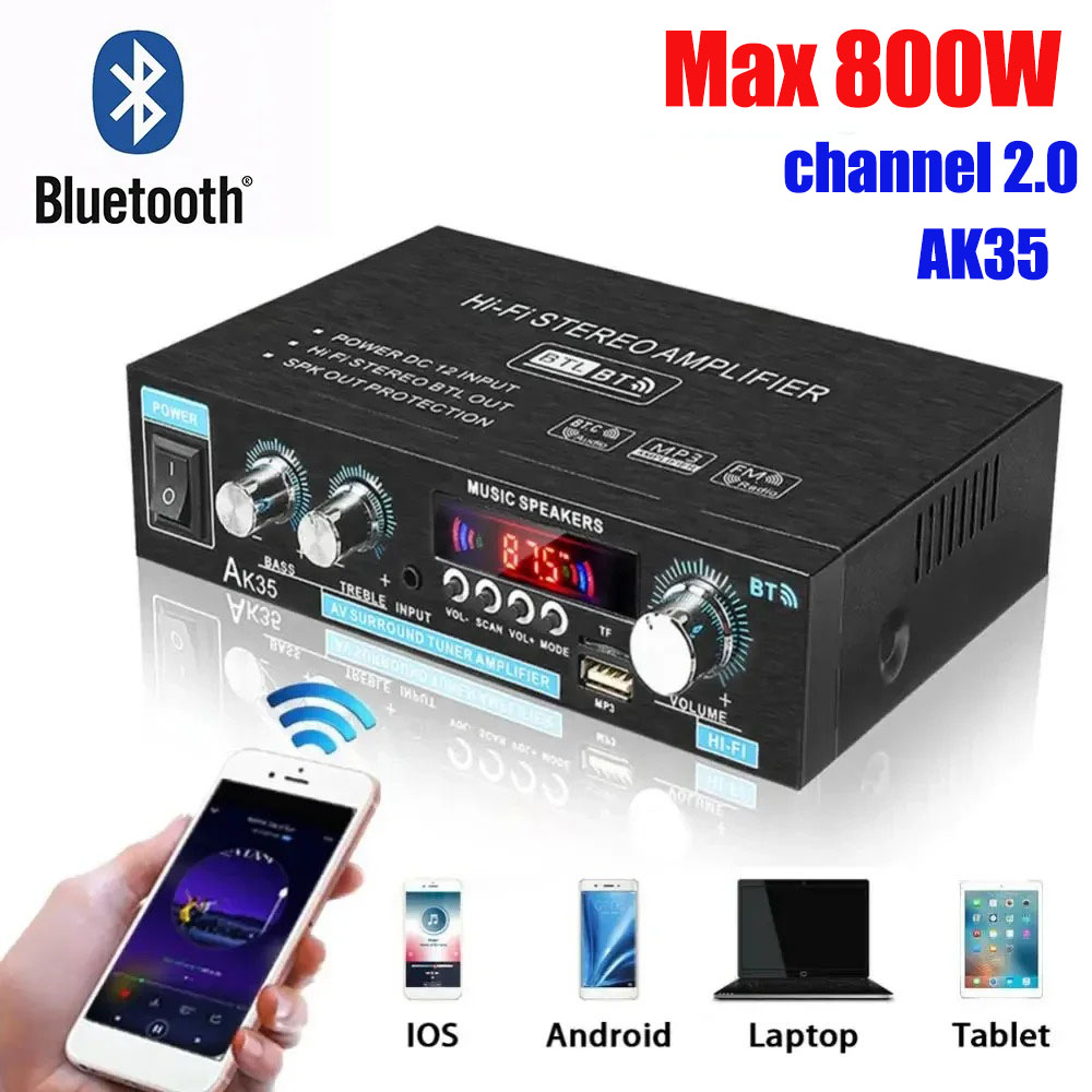 HiFi cyfrowe wzmacniacze Bluetooth AK35 kanał MP3 2.0 wzmacniacz dźwięku obsługa 110V-240V dla domu samochód FM pilot USB