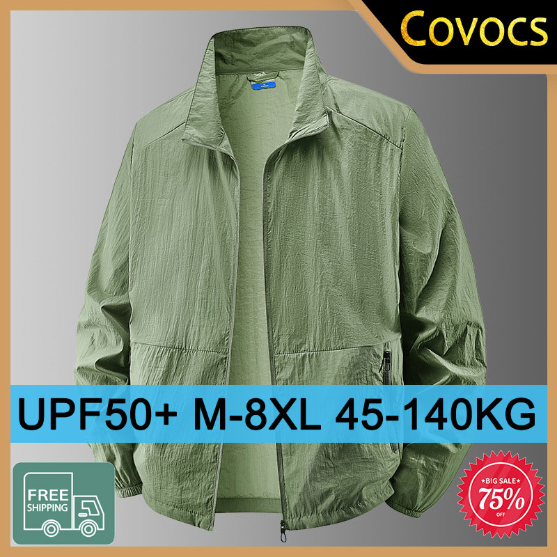 Jaket Pelindung Matahari UPF50 + Musim Panas Pria Ukuran Besar M-8XL Kemeja Sejuk Mantel Tabir Surya Sutra Es Memancing Tahan UV Atasan Pria