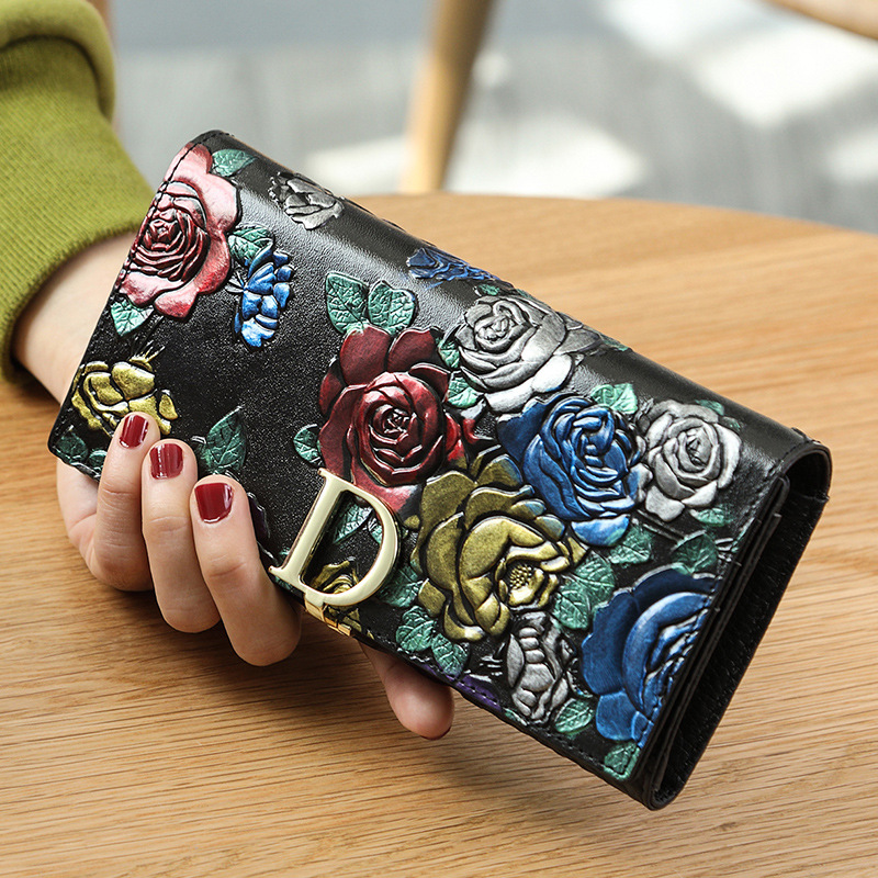 Cartera de Cuero Genuino 2025, Cartera Larga Retro con Grabado 3D para Mujer, Monedero con Compartimentos para Monedas