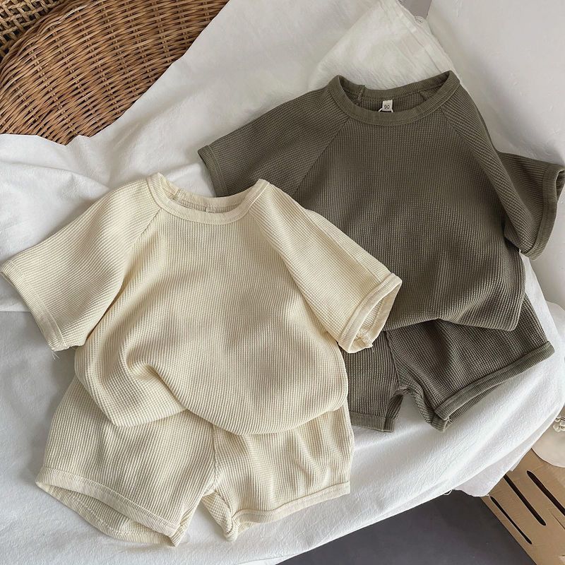 Conjunto de Verano 2026 para Niños de 1 a 6 Años, Camiseta y Pantalones Cortos con Patrón de Waffle, 2 Piezas, Estilo Escandinavo, Traje para Niños y Niñas