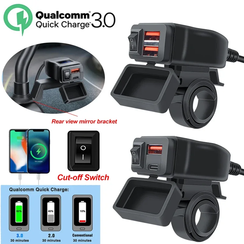 Carregador Rápido USB para Motocicleta PD QC3.0 à Prova d'Água com Conector Tipo C e Voltímetro Digital