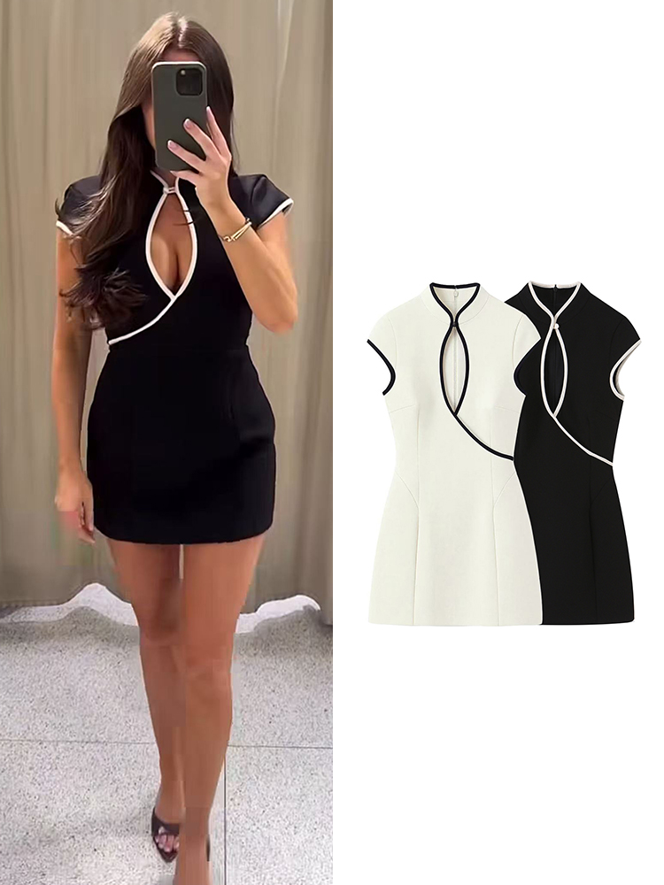 TFMLN Nieuwste Vrouwen Korte Mouwen Mini Jurk Slanke Mode Hollow Out Ontwerp Contrast Kleur Sexy Club Party Kleding 2026 Vrouwelijke