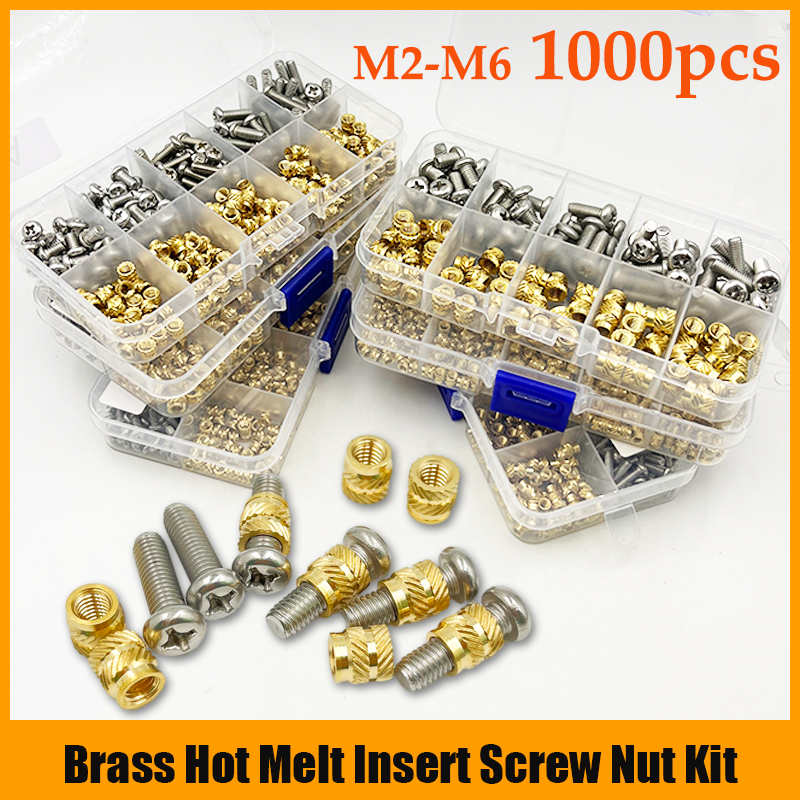 1000-260 Chiếc Đồng Lắp Ốc Và Thép Không Gỉ 304 Bộ Vít Đôi Hai Dây Nhiệt Nóng Knurl Nhúng ốc Đồng Bu Lông Bộ M1.4-M4