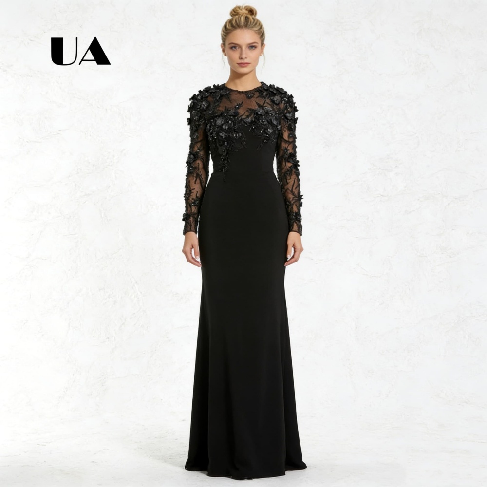 Elegancka suknia wieczorowa w stylu syreny z regularnymi rękawami, gładka suknia wieczorowa z dekoltem typu O i rozcięciem z tyłu, suknia na przyjęcie z aplikacjami kwiatowymi na zamówienie.