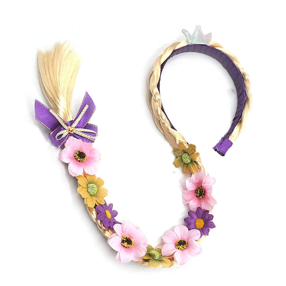 PESENAR Prinzessinnen-Perücken, Prinzessin Rapunzel lange geflochtene Perücken-Stirnbänder mit Blumenverzierung für Mädchen, Kostümzubehör