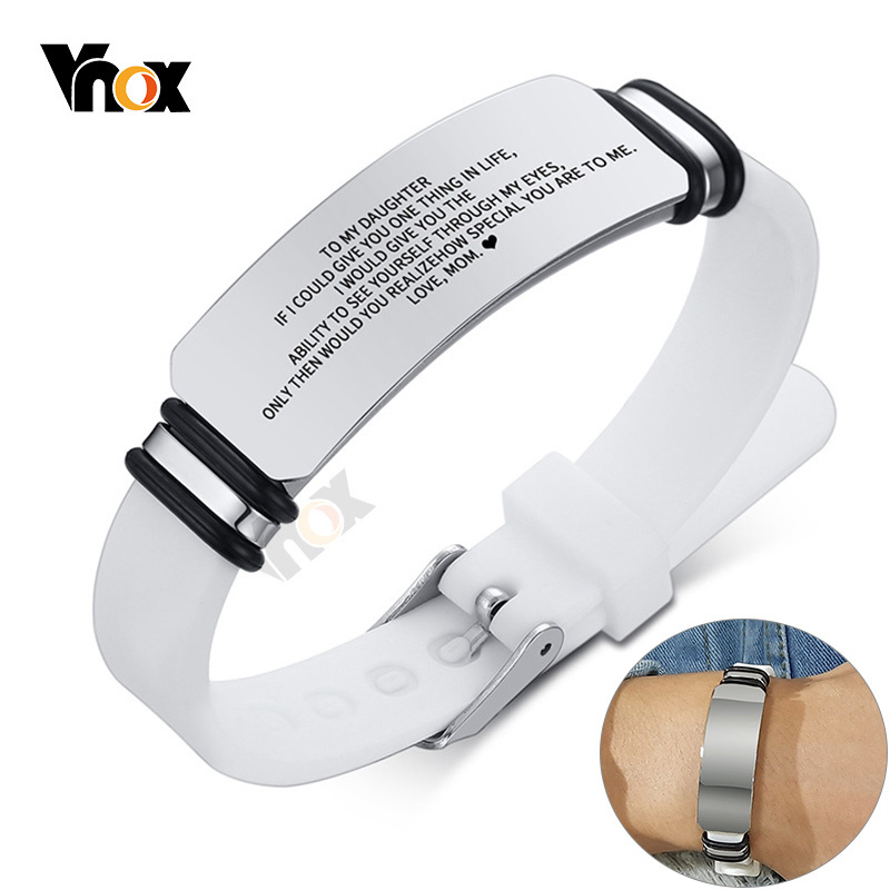 Vnox, pulseras de silicona grabadas personalizadas informales para hombres y mujeres, etiqueta de identificación de acero inoxidable, regalos deportivos personalizados, joyería