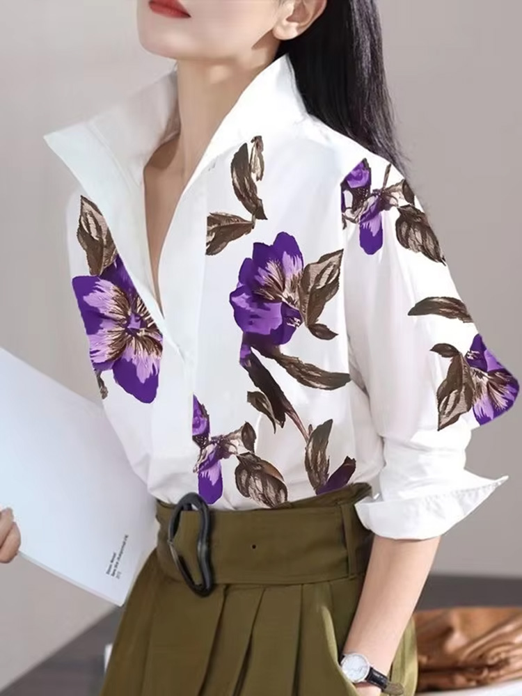 Modigirl kemeja atasan untuk wanita, blus atasan motif bunga wanita kerah berdiri elegan Urban lengan panjang warna putih kasual musim semi musim panas 2025